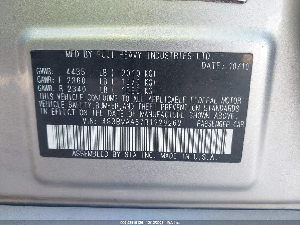 4S3BMAA67B1229262 2011 SUBARU LEGACY photo no. 9