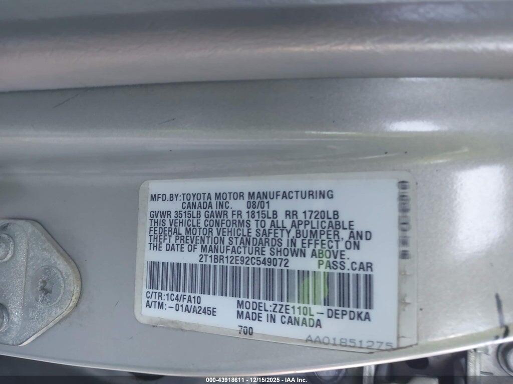 2T1BR12E92C549072 2002 TOYOTA COROLLA photo no. 9