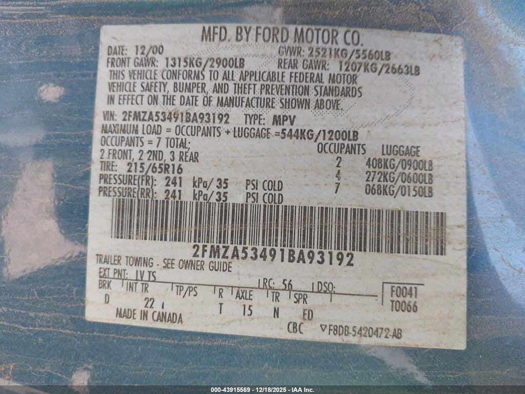 2FMZA53491BA93192 2001 FORD WINDSTAR photo no. 9