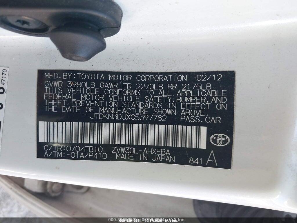 JTDKN3DUXC5397782 2012 TOYOTA PRIUS photo no. 9