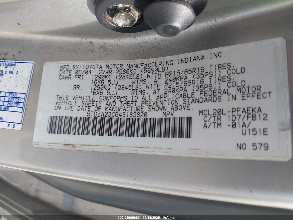 5TDZA23C64S183820 2004 TOYOTA SIENNA photo no. 9