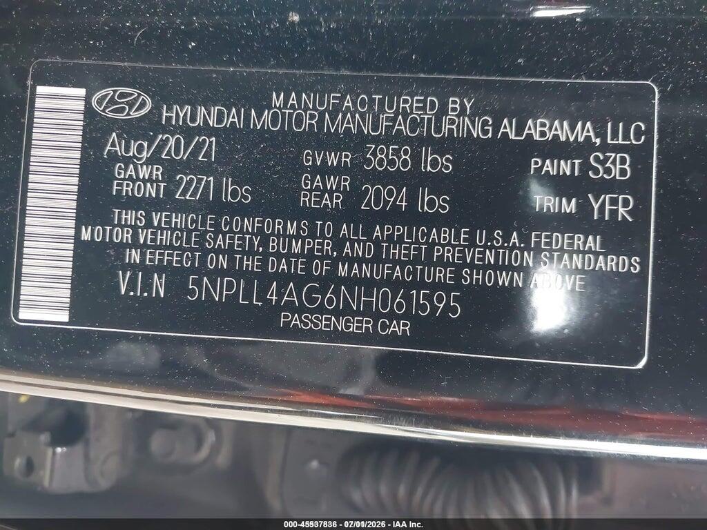 5NPLL4AG6NH061595 2022 HYUNDAI ELANTRA photo no. 9