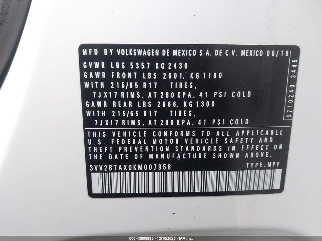 3VV2B7AX0KM007958 2019 VOLKSWAGEN TIGUAN photo no. 9