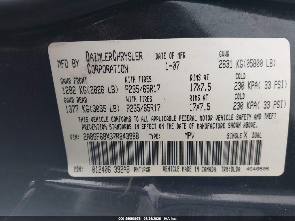 2A8GF68X37R243988 2007 CHRYSLER PACIFICA photo no. 9