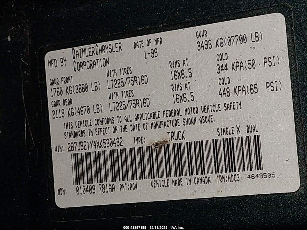 2B7JB21Y4XK530432 1999 DODGE RAM VAN 2500 photo no. 9