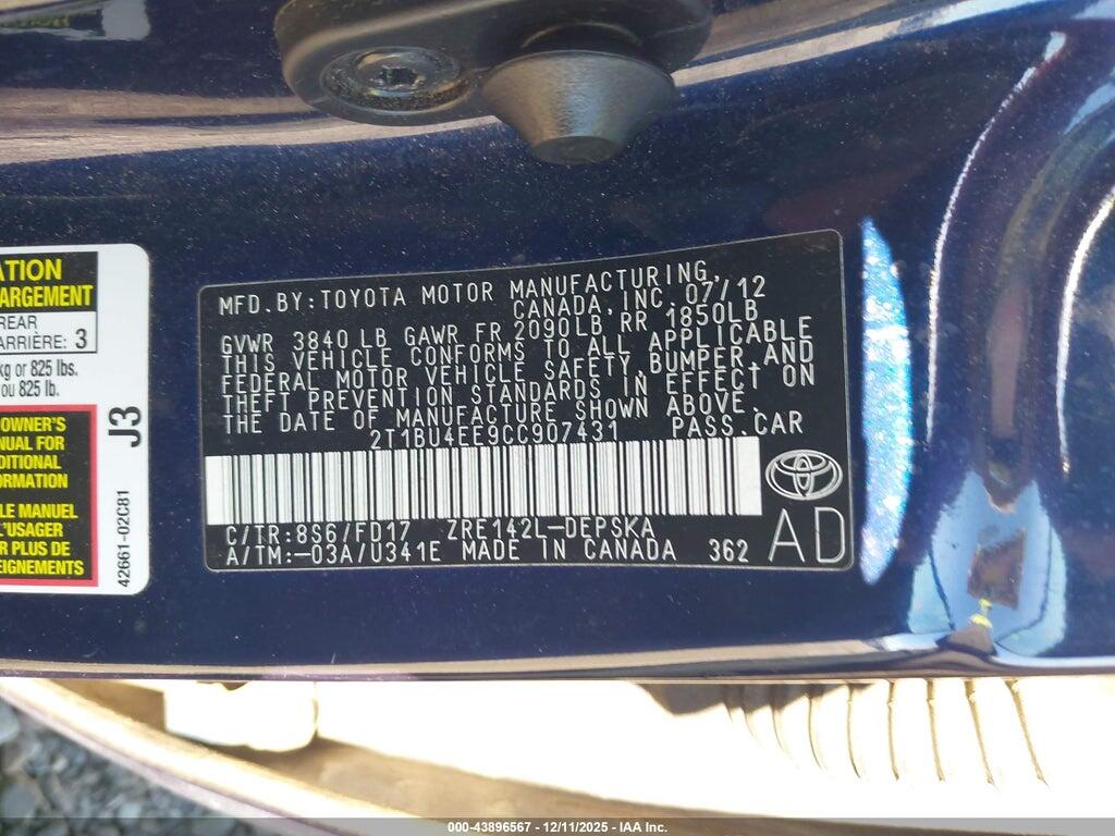 2T1BU4EE9CC907431 2012 TOYOTA COROLLA photo no. 9