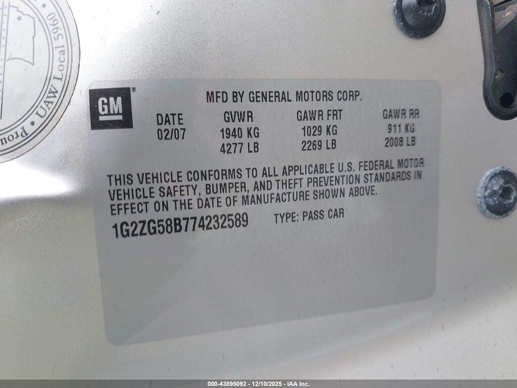 1G2ZG58B774232589 2007 PONTIAC G6 photo no. 9