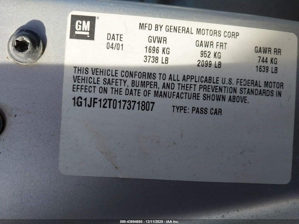 1G1JF12T017371807 2001 CHEVROLET CAVALIER photo no. 9