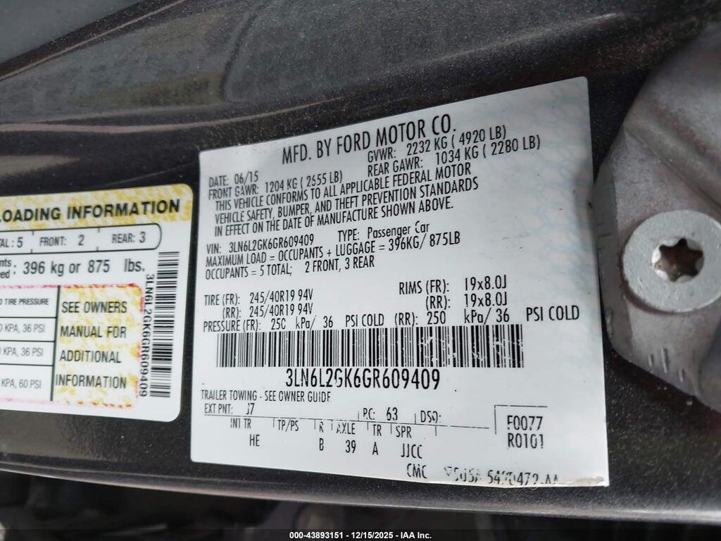3LN6L2GK6GR609409 2016 LINCOLN MKZ photo no. 9