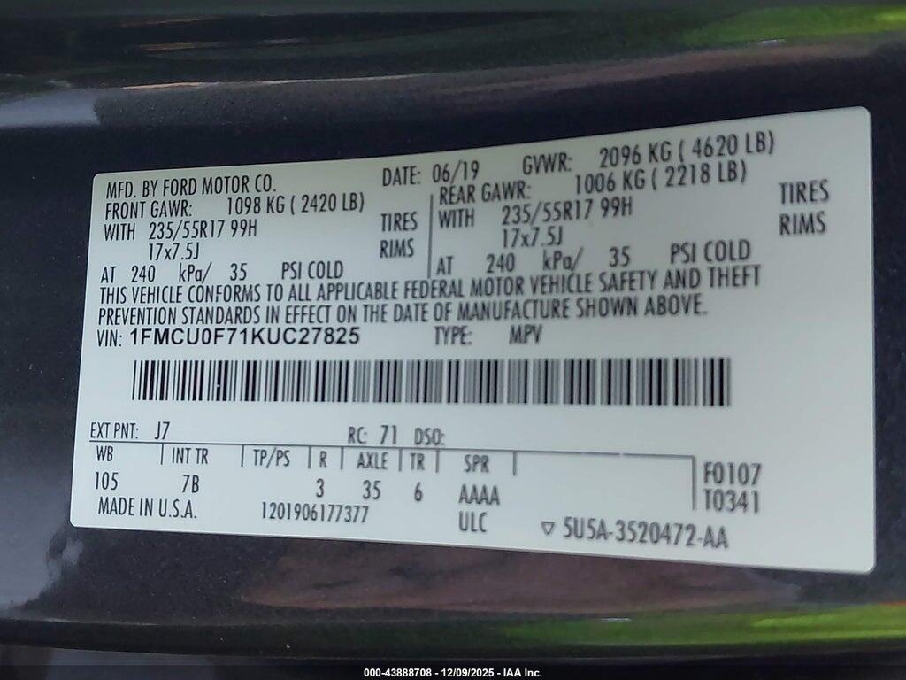 1FMCU0F71KUC27825 2019 FORD ESCAPE photo no. 9