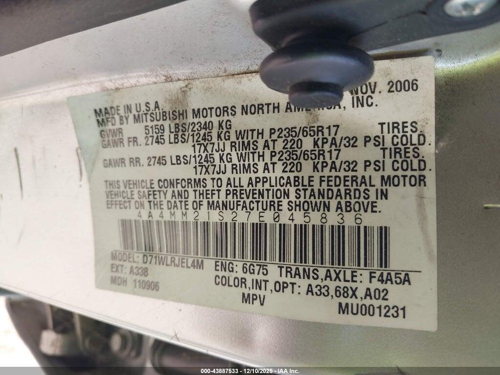 4A4MM21S27E045836 2007 MITSUBISHI ENDEAVOR photo no. 9