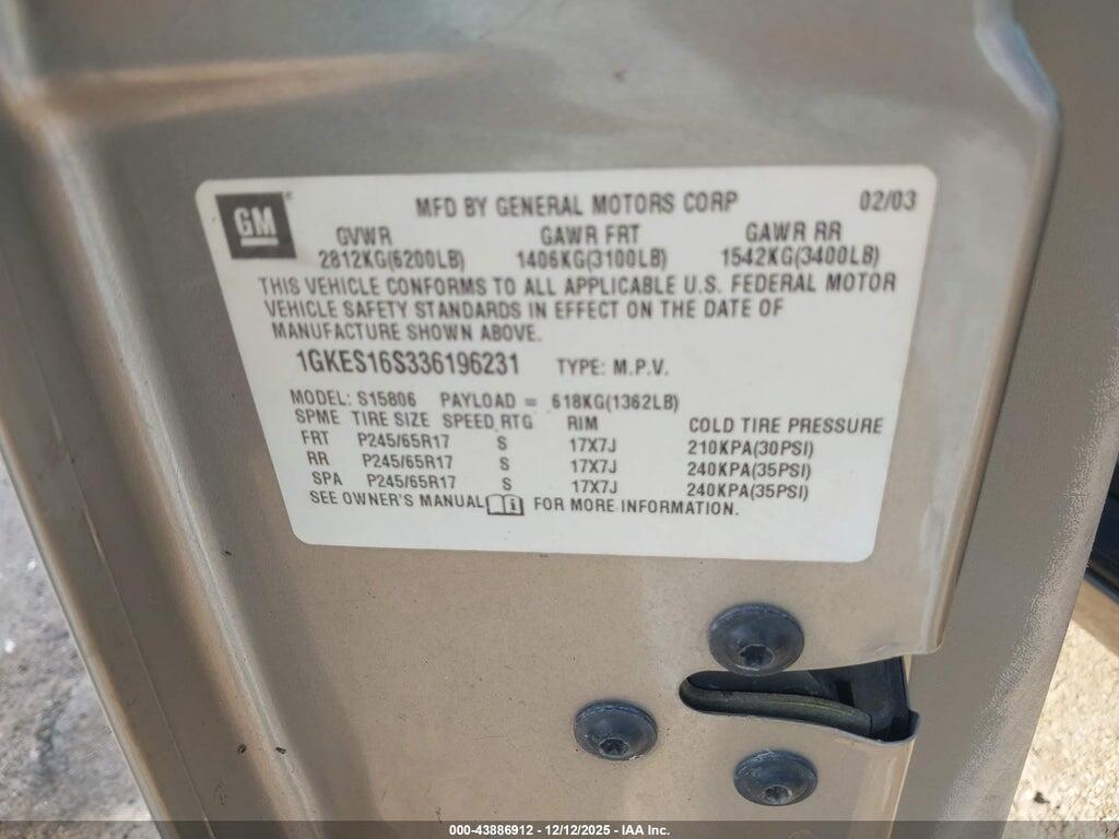 1GKES16S336196231 2003 GMC ENVOY XL photo no. 9