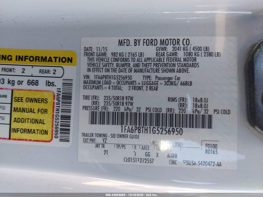 1FA6P8TH1G5256950 2016 FORD MUSTANG photo no. 9