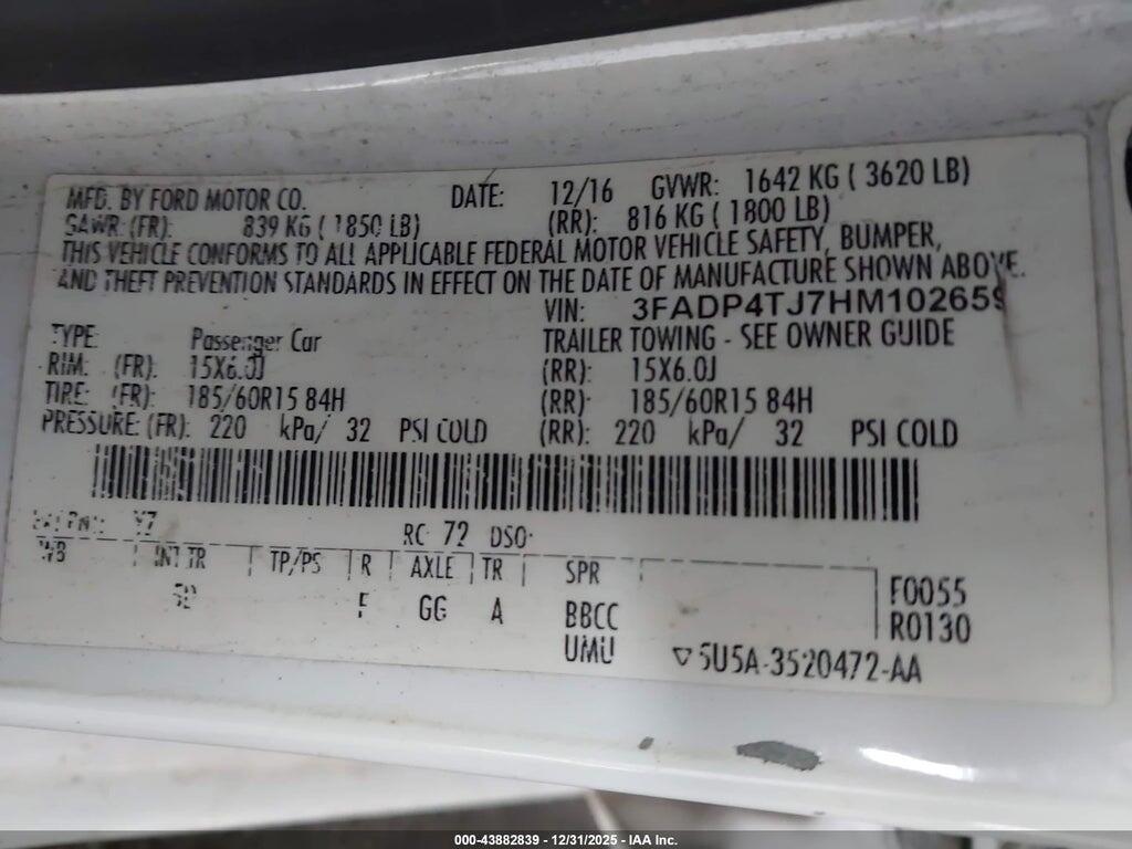 3FADP4TJ7HM102659 2017 FORD FIESTA photo no. 9