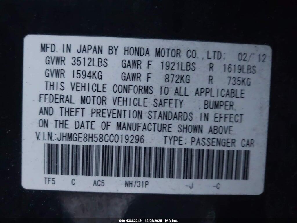 JHMGE8H58CC019296 2012 HONDA FIT photo no. 9