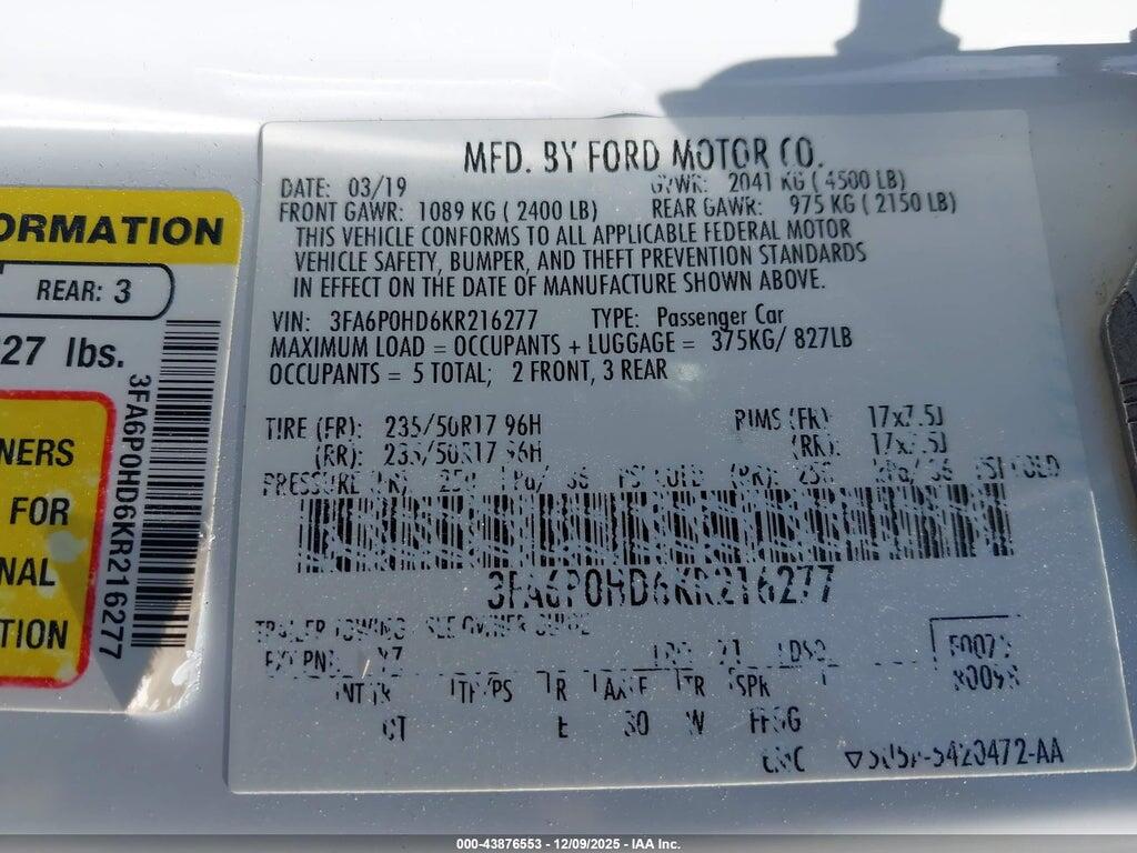 3FA6P0HD6KR216277 2019 FORD FUSION photo no. 9
