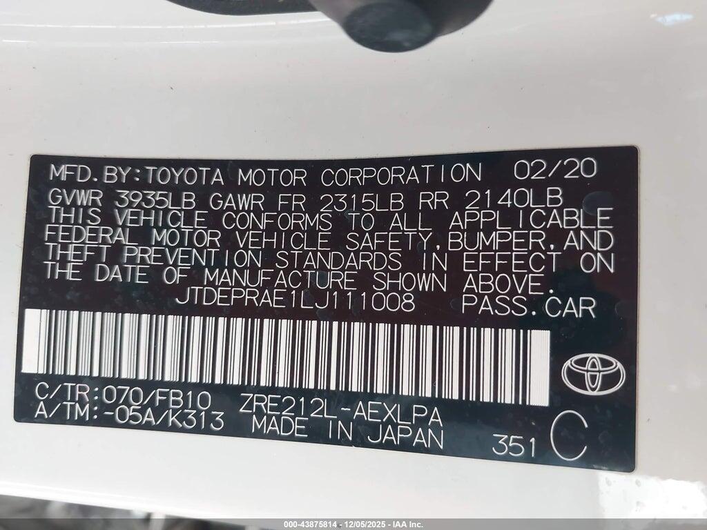 JTDEPRAE1LJ111008 2020 TOYOTA COROLLA photo no. 9