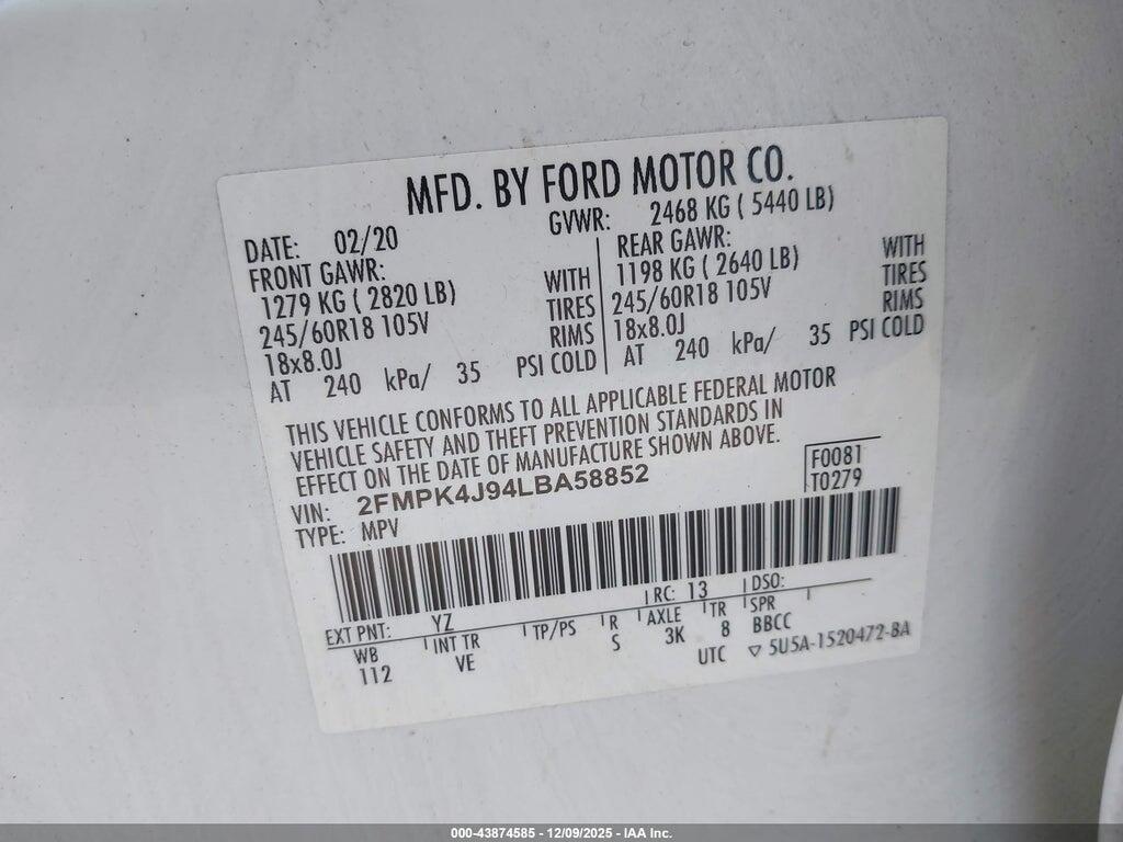 2FMPK4J94LBA58852 2020 FORD EDGE photo no. 9