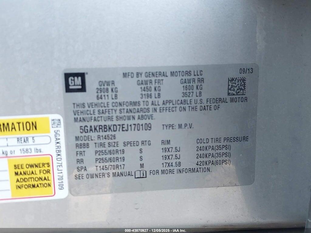 5GAKRBKD7EJ170109 2014 BUICK ENCLAVE photo no. 9