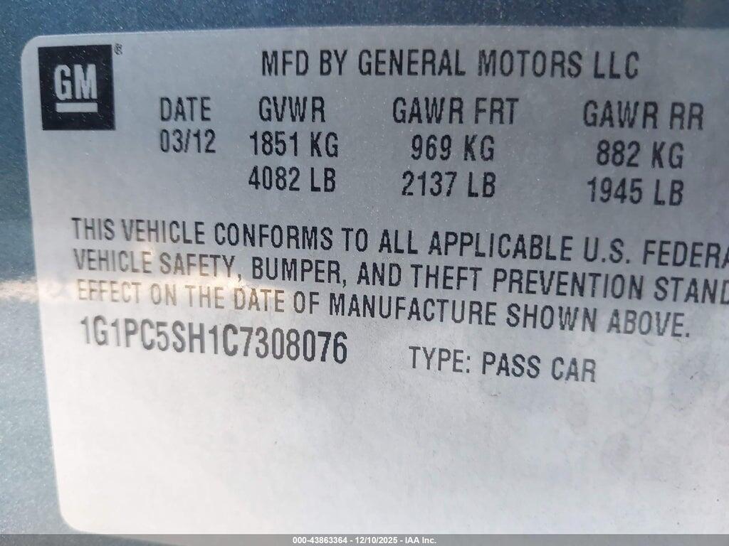 1G1PC5SH1C7308076 2012 CHEVROLET CRUZE photo no. 9