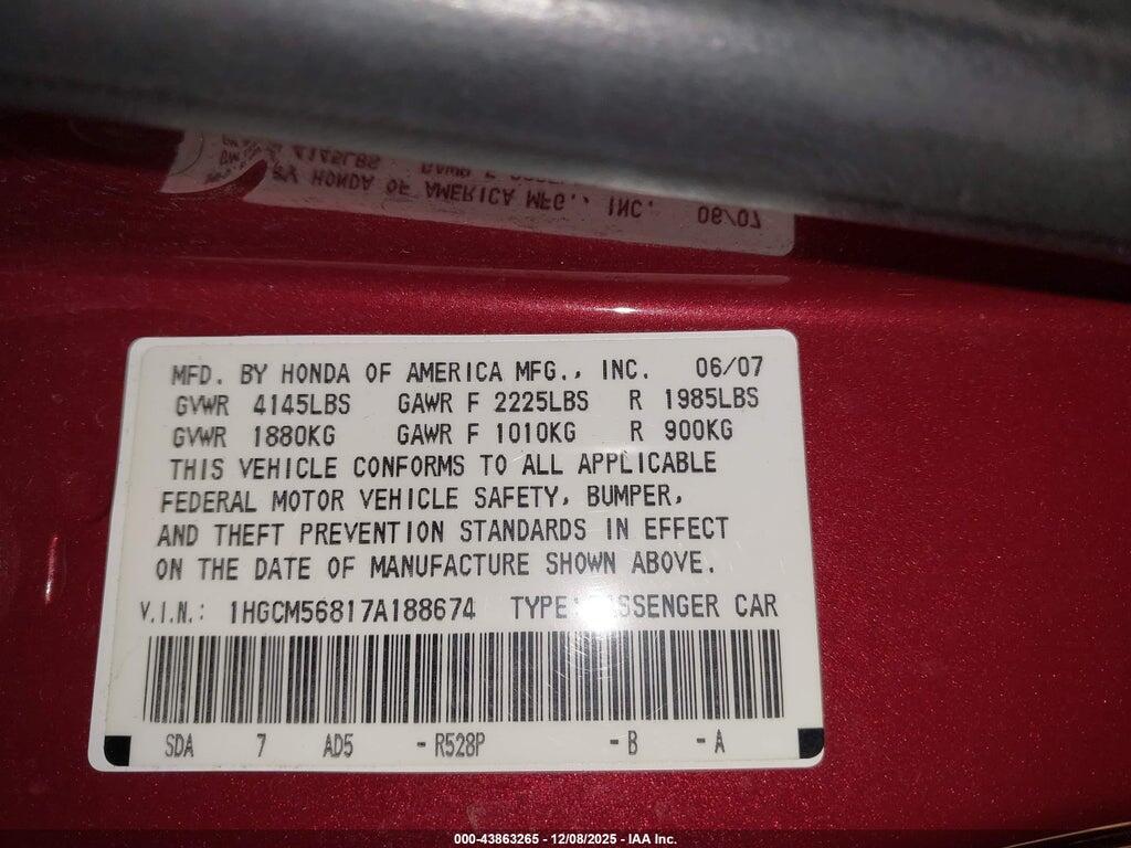 1HGCM56817A188674 2007 HONDA ACCORD photo no. 9