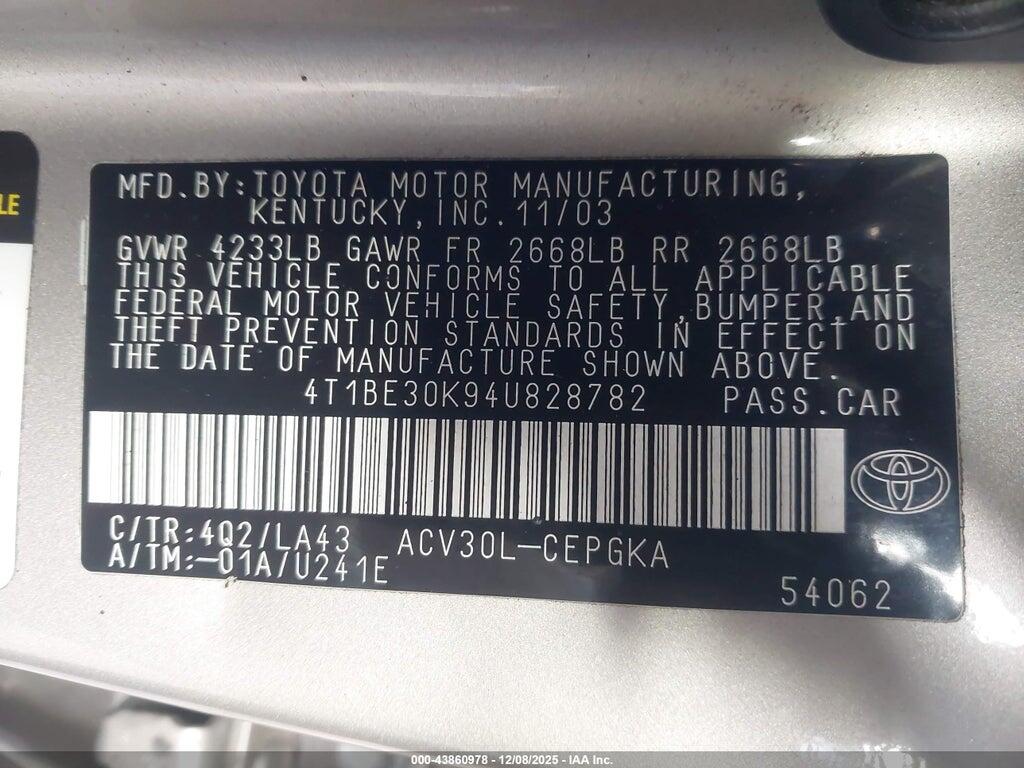 4T1BE30K94U828782 2004 TOYOTA CAMRY photo no. 9