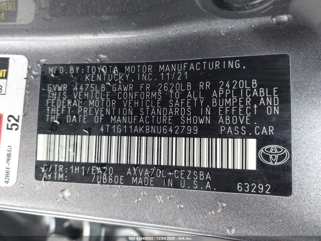 4T1G11AK8NU642799 2022 TOYOTA CAMRY photo no. 9