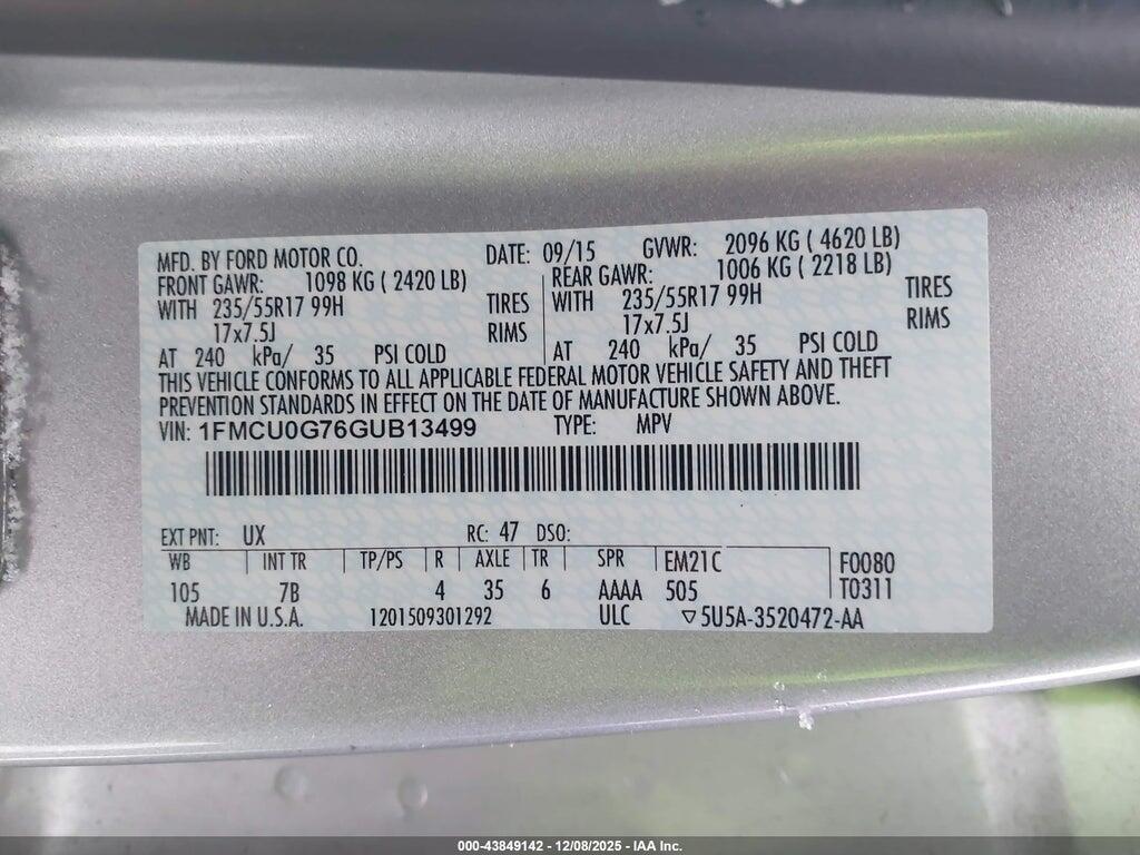 1FMCU0G76GUB13499 2016 FORD ESCAPE photo no. 9