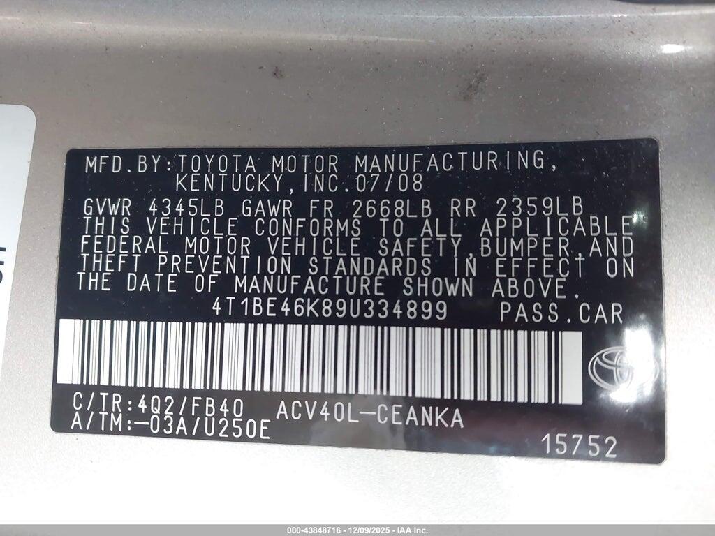 4T1BE46K89U334899 2009 TOYOTA CAMRY photo no. 9