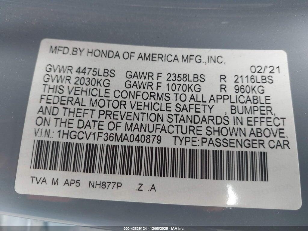 1HGCV1F36MA040879 2021 HONDA ACCORD photo no. 9