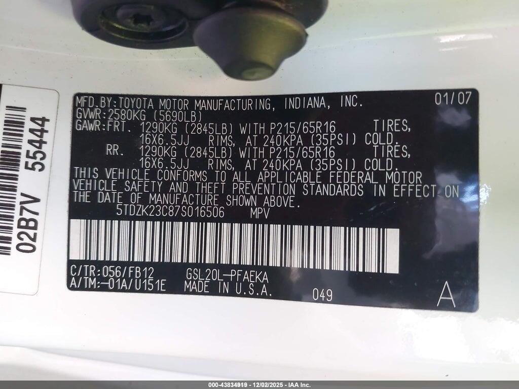 5TDZK23C87S016506 2007 TOYOTA SIENNA photo no. 9