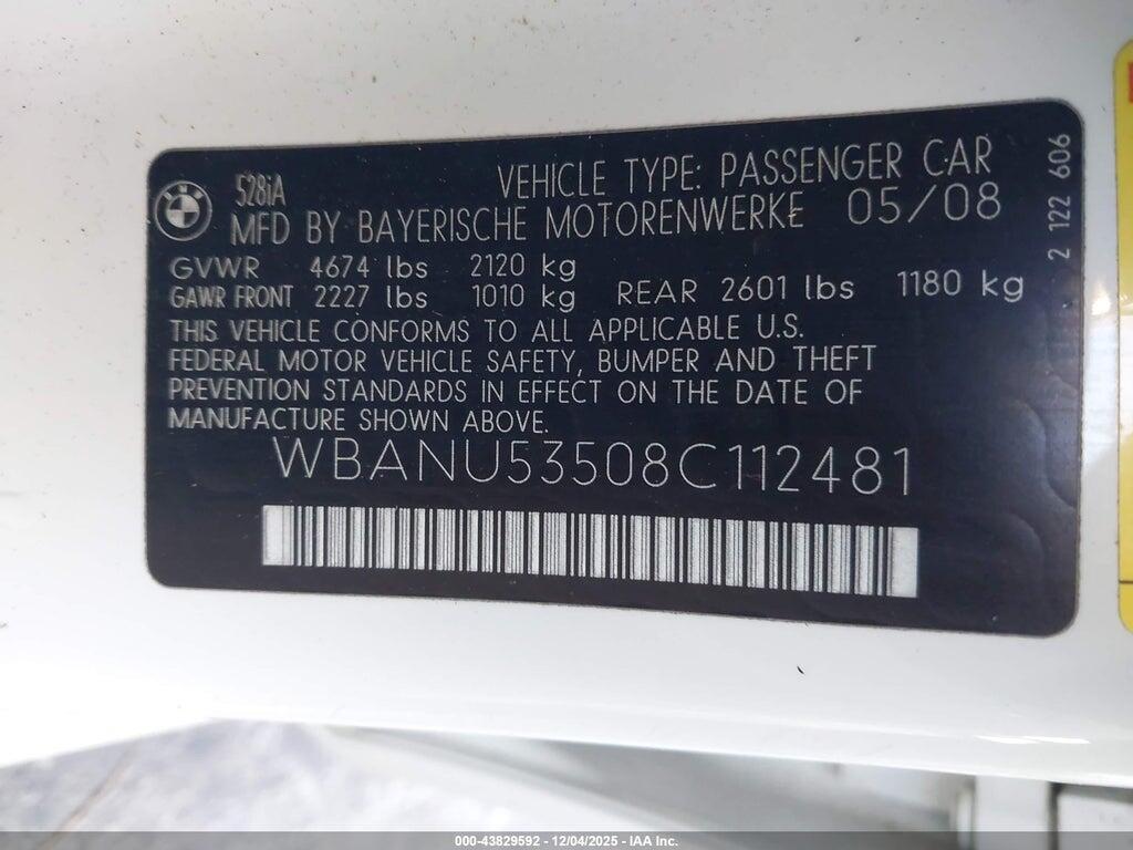 WBANU53508C112481 2008 BMW 528I photo no. 9