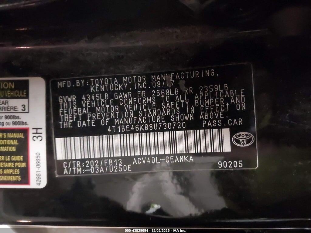 4T1BE46K88U730720 2008 TOYOTA CAMRY photo no. 9