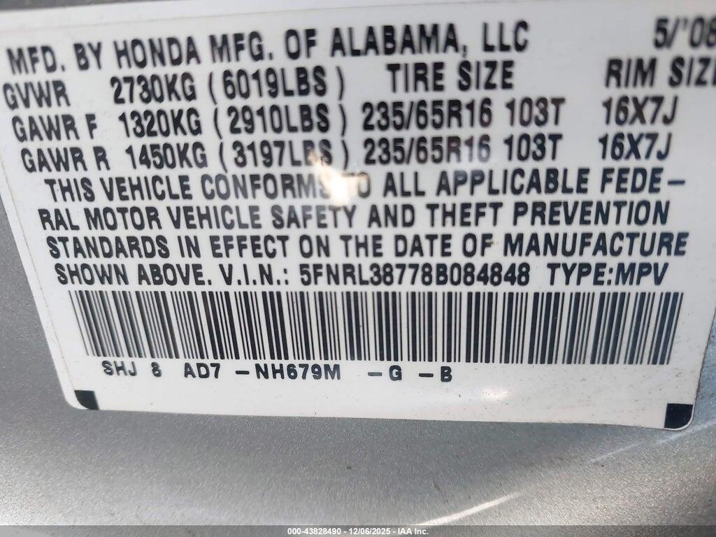 5FNRL38778B084848 2008 HONDA ODYSSEY photo no. 9