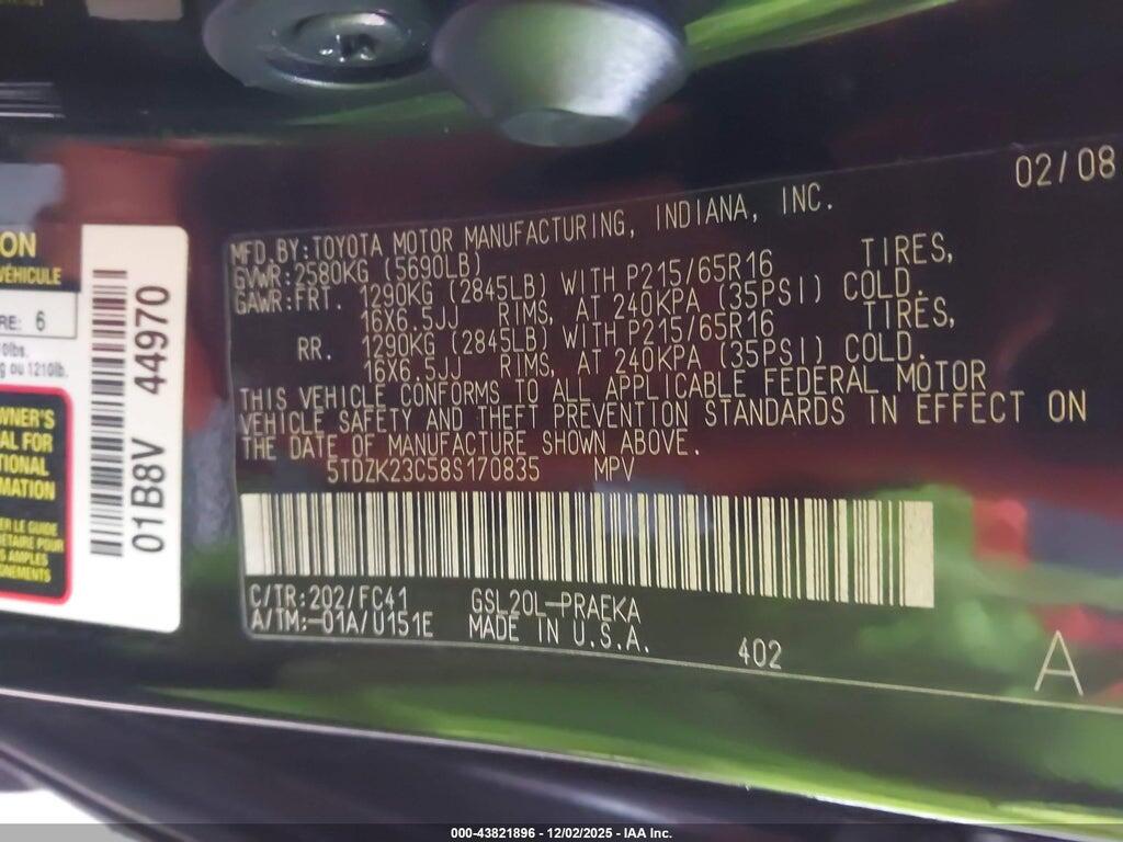 5TDZK23C58S170835 2008 TOYOTA SIENNA photo no. 9