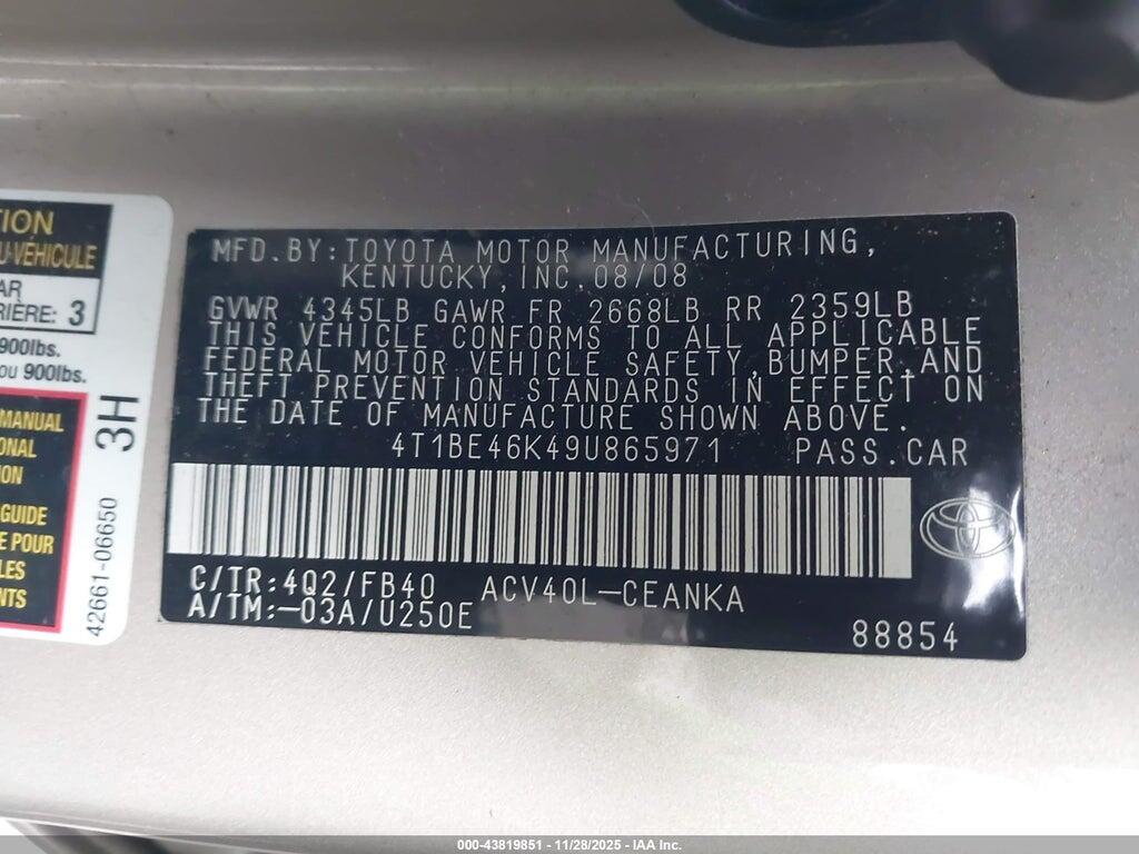 4T1BE46K49U865971 2009 TOYOTA CAMRY photo no. 9