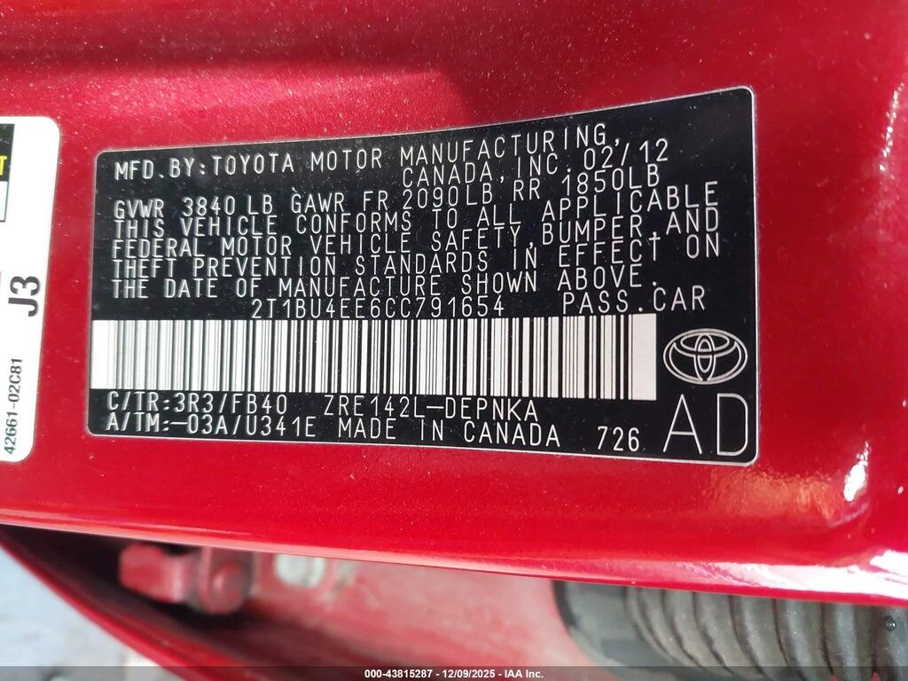 2T1BU4EE6CC791654 2012 TOYOTA COROLLA photo no. 9