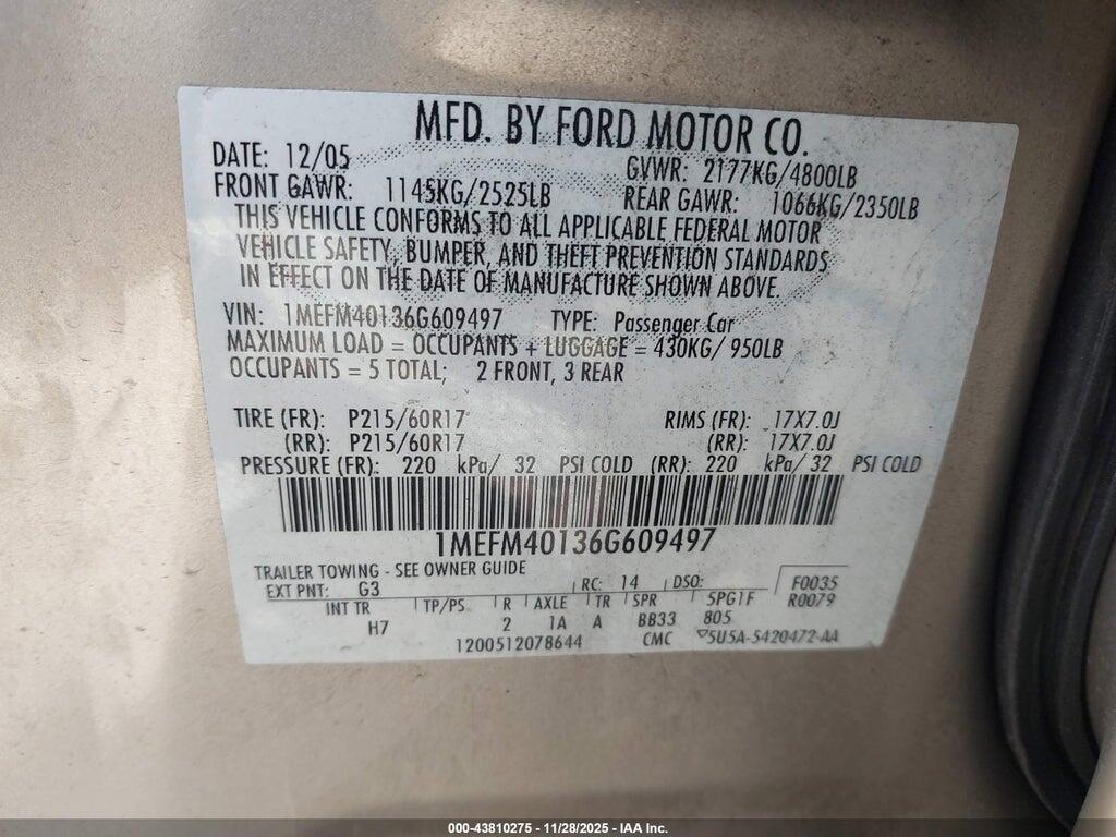 1MEFM40136G609497 2006 MERCURY MONTEGO photo no. 9