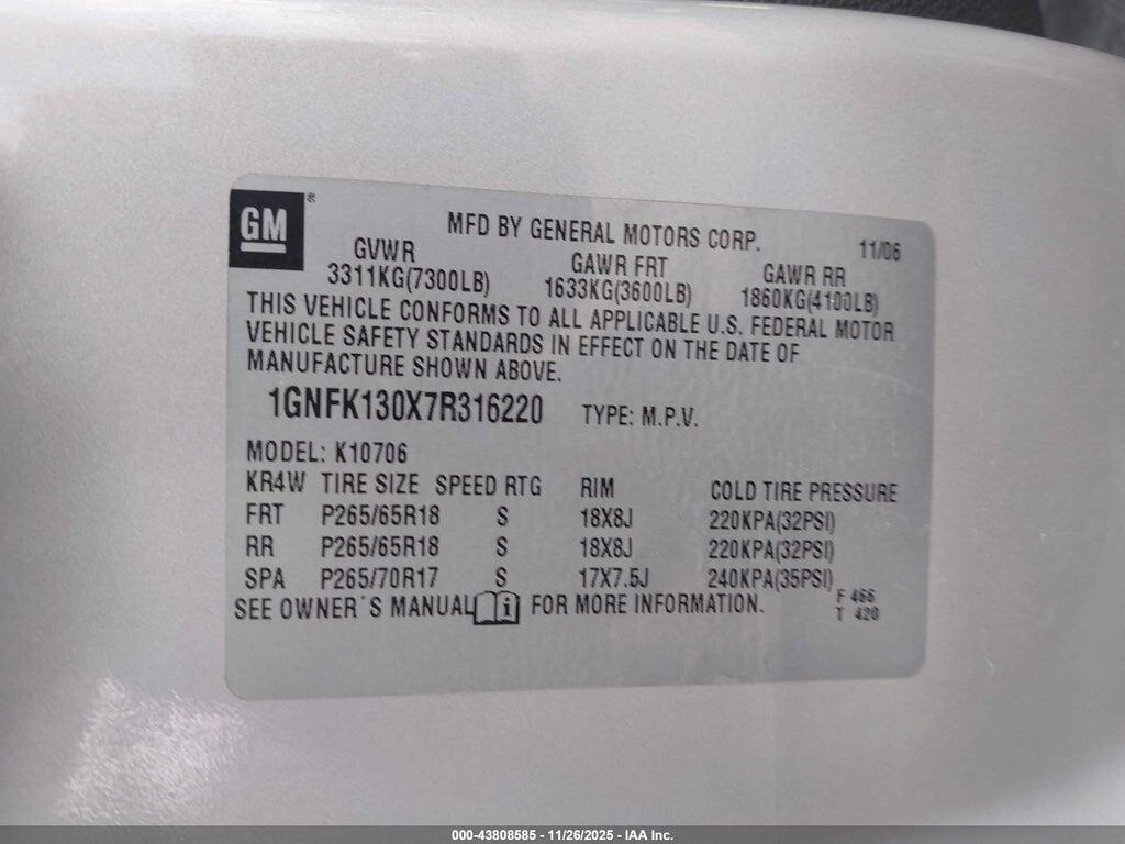1GNFK130X7R316220 2007 CHEVROLET TAHOE photo no. 9