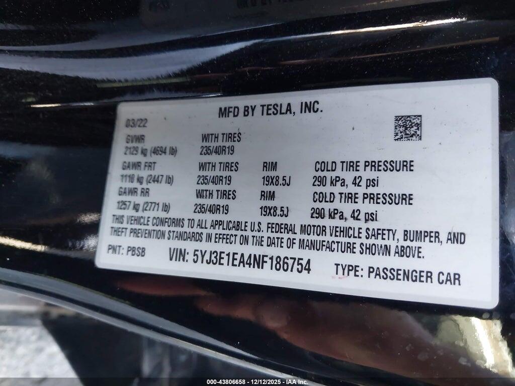 5YJ3E1EA4NF186754 2022 TESLA MODEL 3 photo no. 9