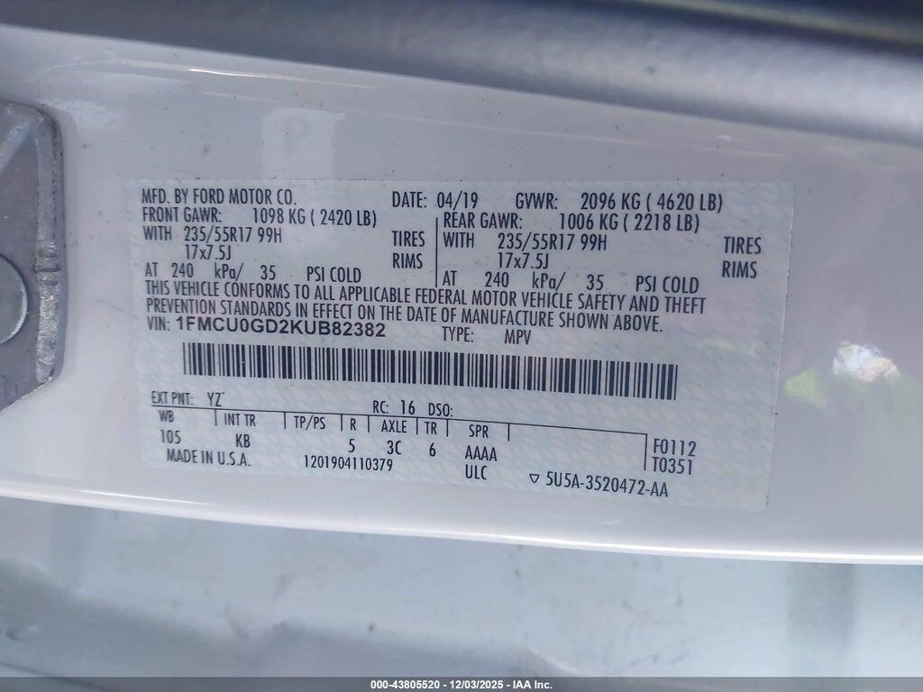 1FMCU0GD2KUB82382 2019 FORD ESCAPE photo no. 9