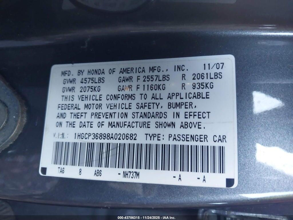 1HGCP36898A020682 2008 HONDA ACCORD photo no. 9