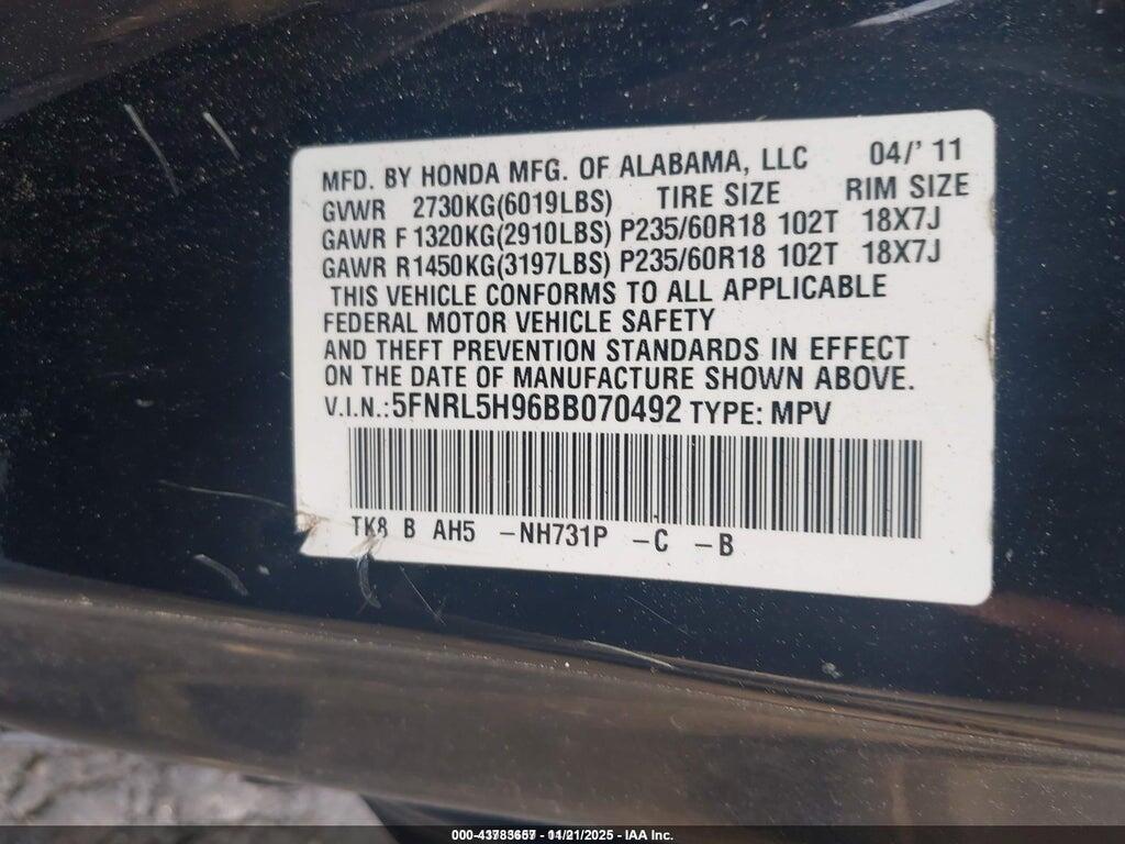 5FNRL5H96BB070492 2011 HONDA ODYSSEY photo no. 9