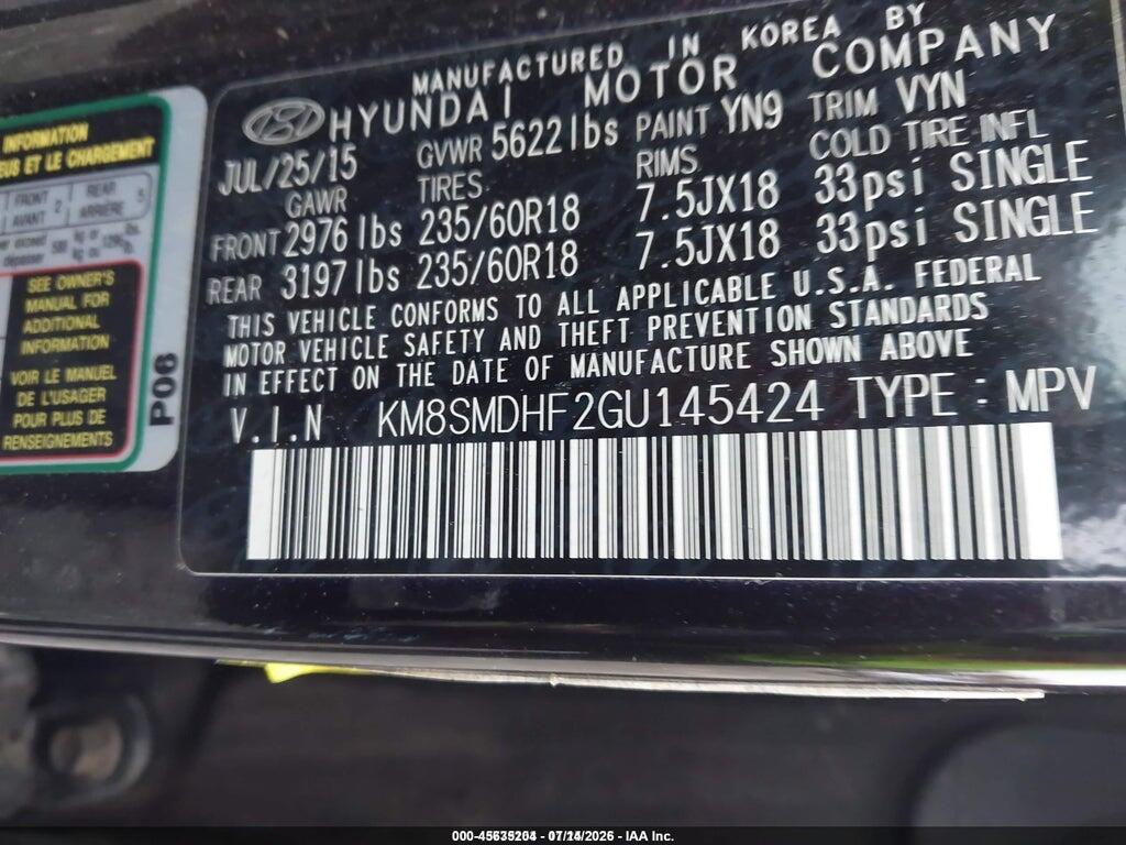 KM8SMDHF2GU145424 2016 HYUNDAI SANTA FE photo no. 9