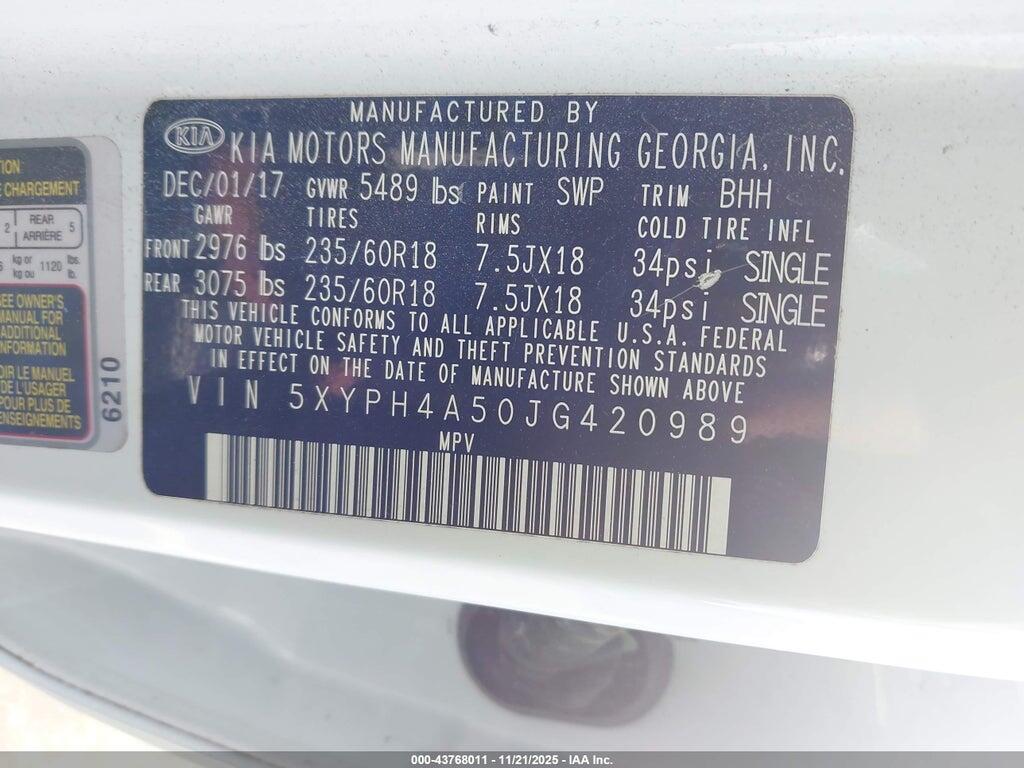 5XYPH4A50JG420989 2018 KIA SORENTO photo no. 9