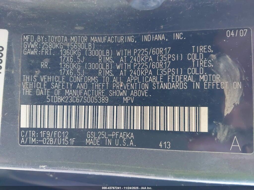 5TDBK23C67S005389 2007 TOYOTA SIENNA photo no. 9