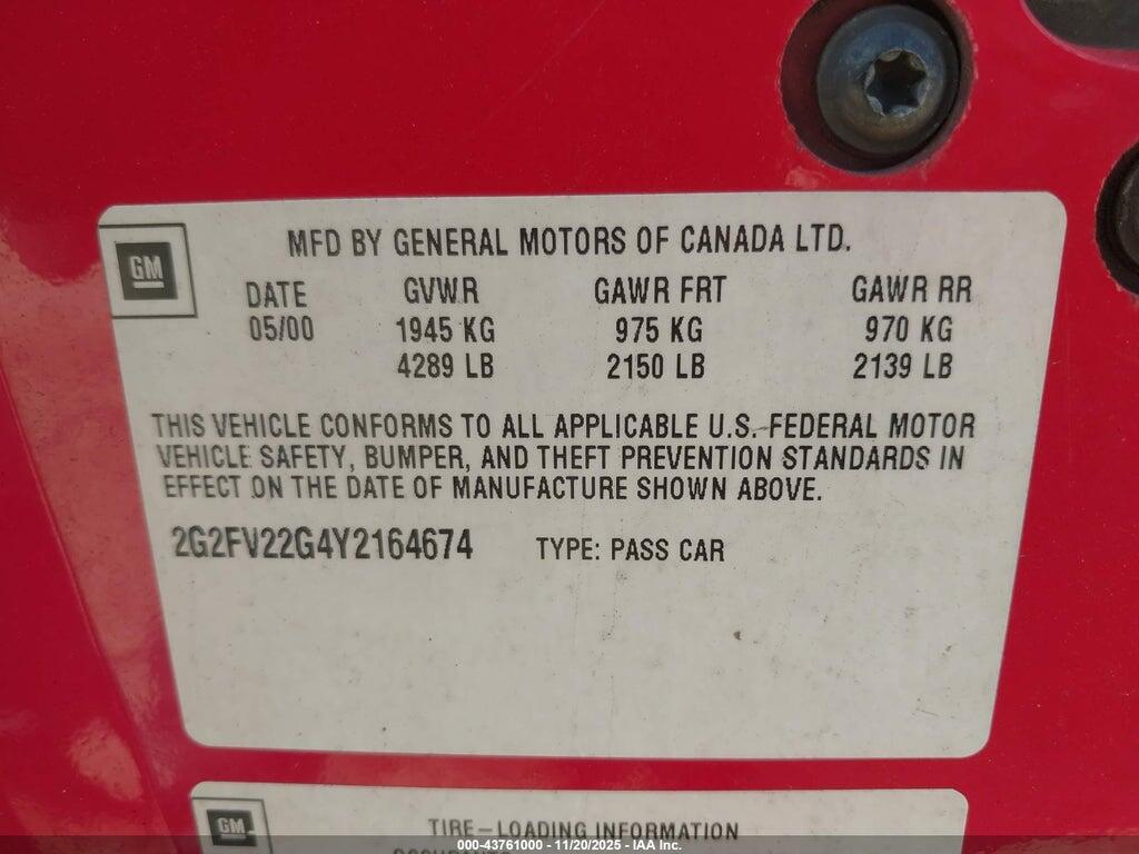 2G2FV22G4Y2164674 2000 PONTIAC FIREBIRD photo no. 9