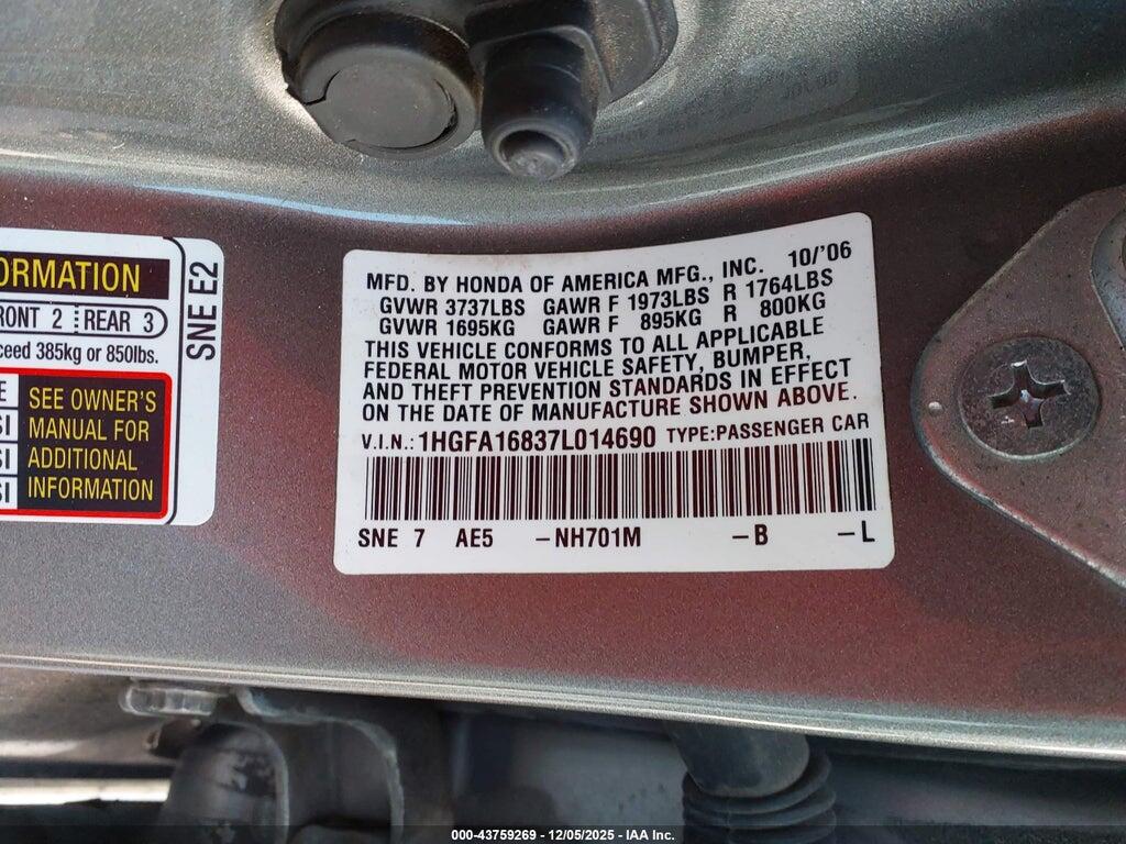 1HGFA16837L014690 2007 HONDA CIVIC photo no. 9