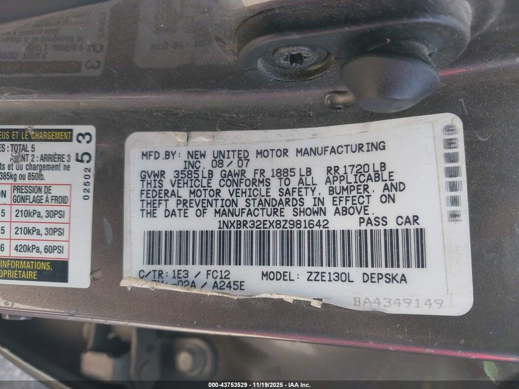 1NXBR32EX8Z981642 2008 TOYOTA COROLLA photo no. 9