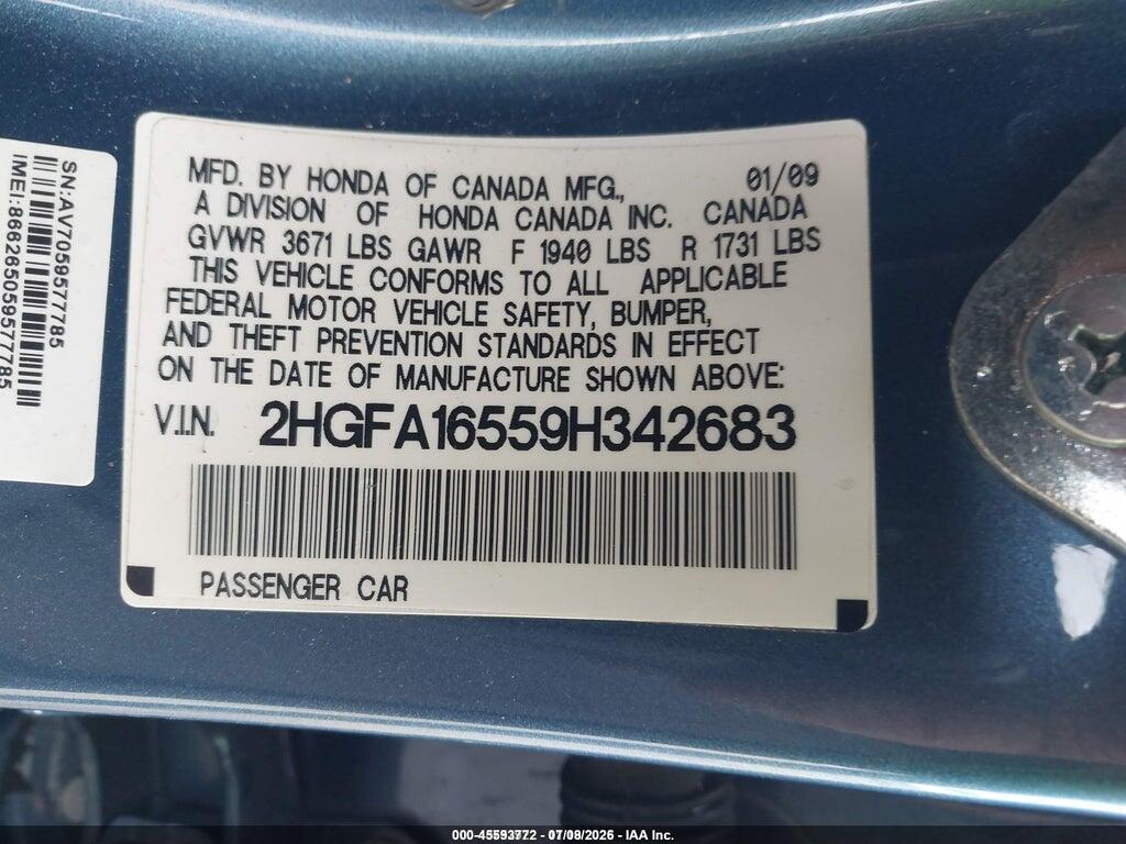 2HGFA16559H342683 2009 HONDA CIVIC photo no. 9